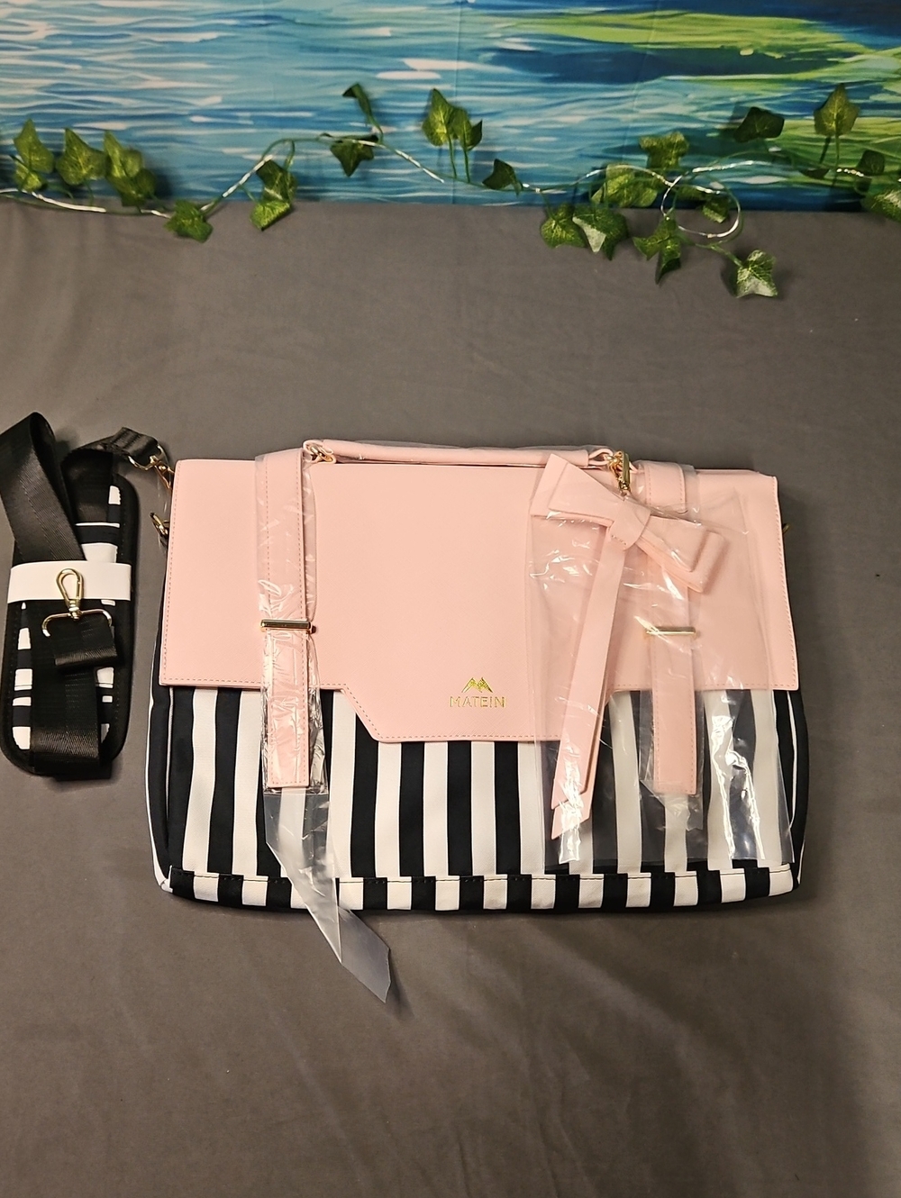 Pink & Black Striped Laptop Bag with Bow Detail